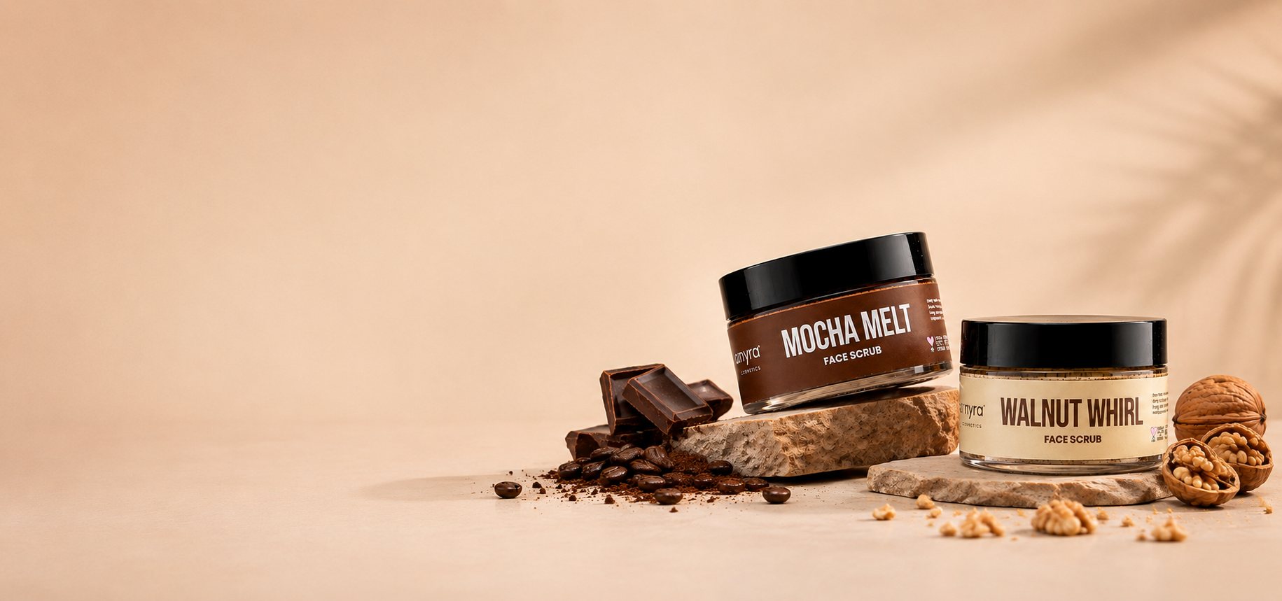 Mocha Melt face scrub jar with coffee beans and cocoa