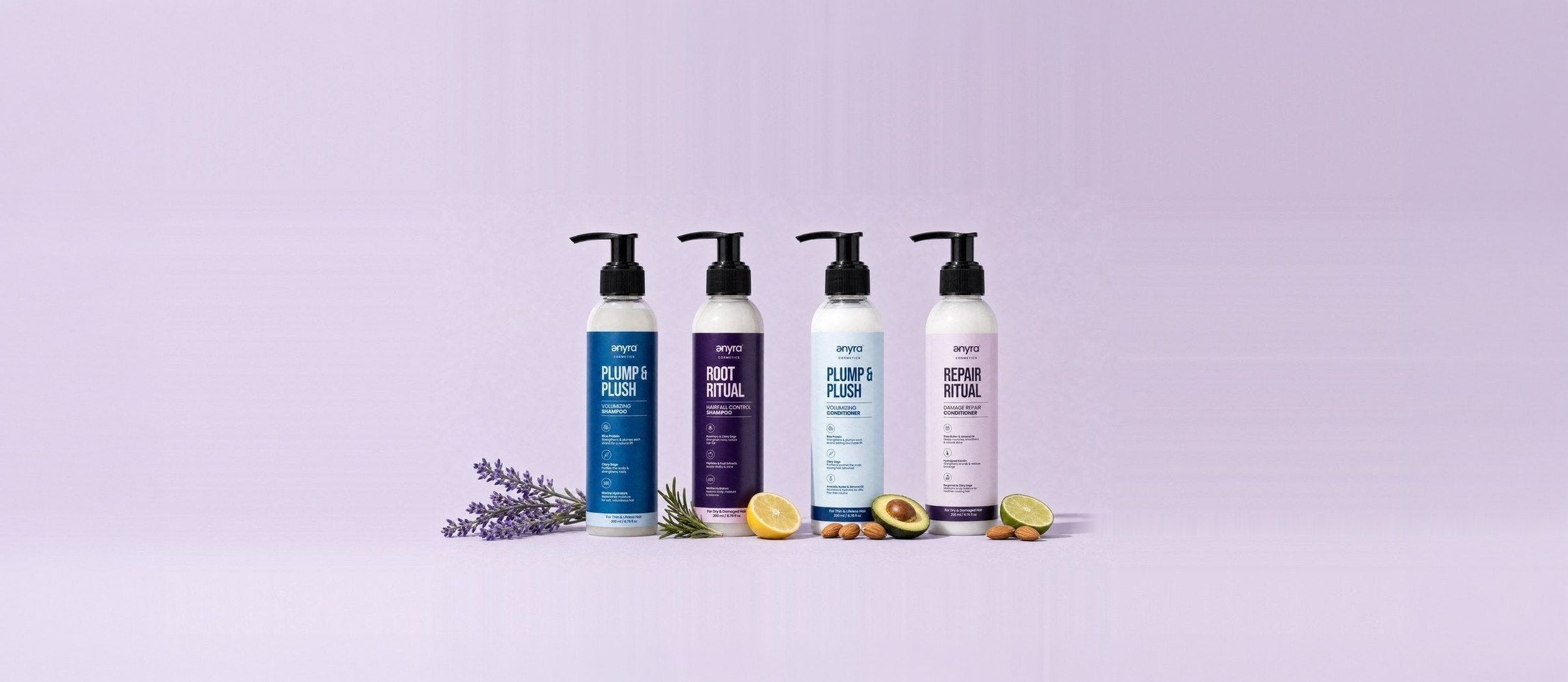 Plump & Plush shampoo, Root Ritual shampoo, Plump & Plush conditioner and Repair Ritual conditioner in a row on lilac