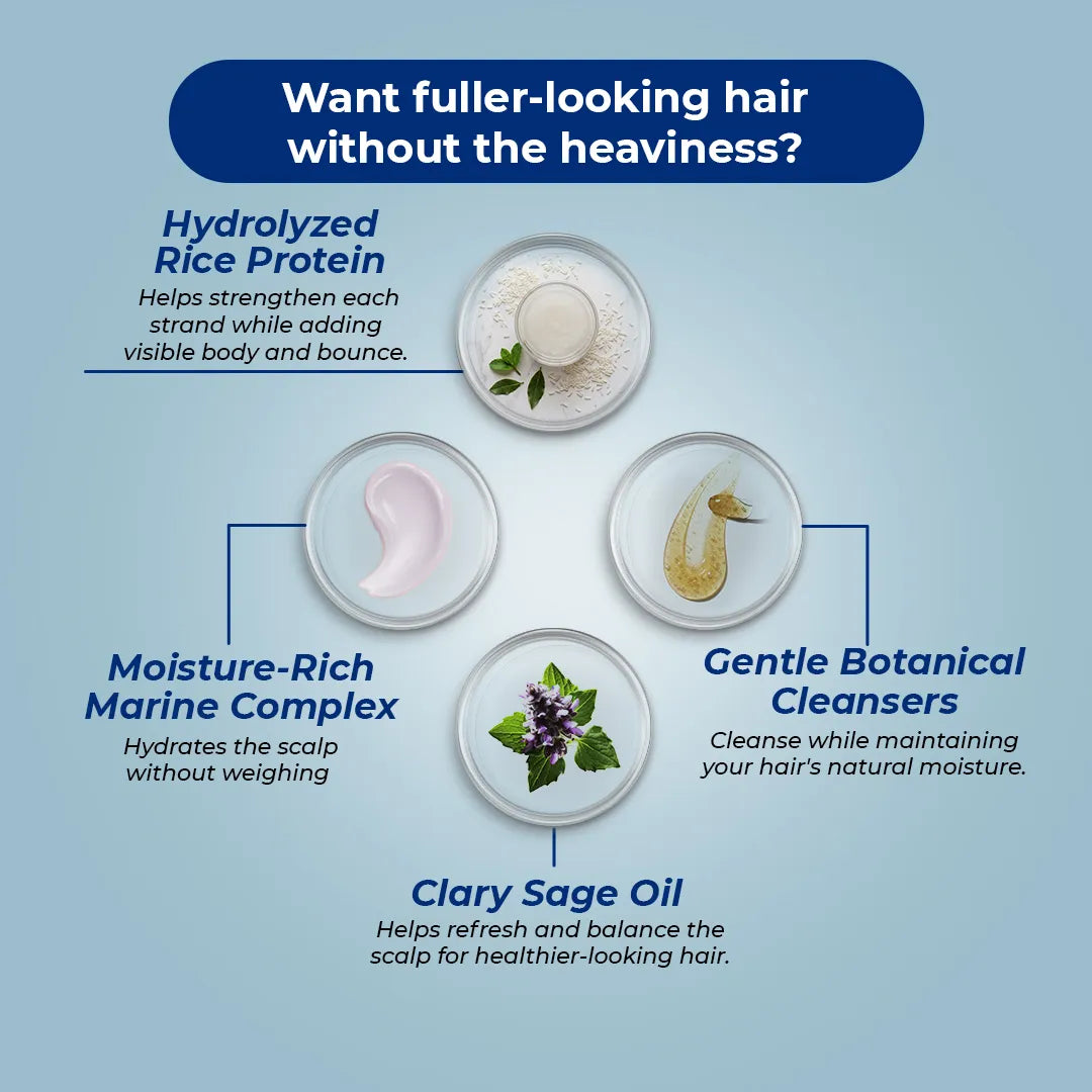 An informational graphic on a light blue background promoting a hair care product. The headline reads, 'Want fuller-looking hair without the heaviness?' Below, four labeled ingredient callouts surround a central circular product image: Hydrolyzed Rice Protein, Moisture-Rich Marine Complex, Gentle Botanical Cleansers, and Clary Sage Oil.